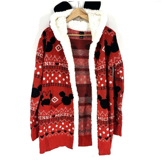 Hot Topic Disney Mickey Minnie Cardigan Size Medium Red Sherpa Sweater Fair Isle - Picture 1 of 8
